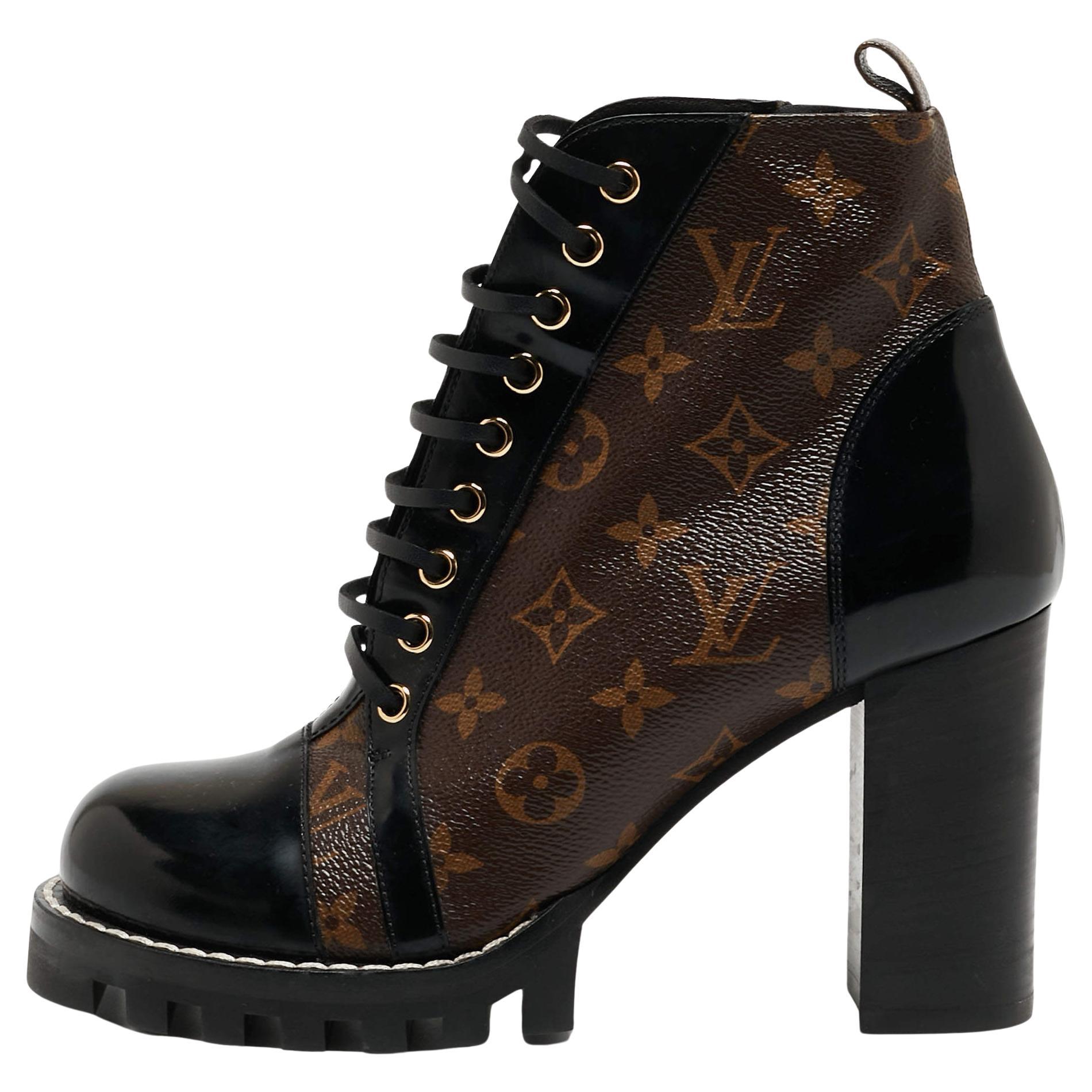 Louis Vuitton Black/Brown Patent Leather and Monogram Canvas Star Trail Boots Si