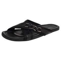 Louis Vuitton Black Canvas and Leather Cross Strap Logo Slides Size 44