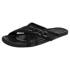 Louis Vuitton Black Canvas and Leather Cross Strap Logo Slides Size 44