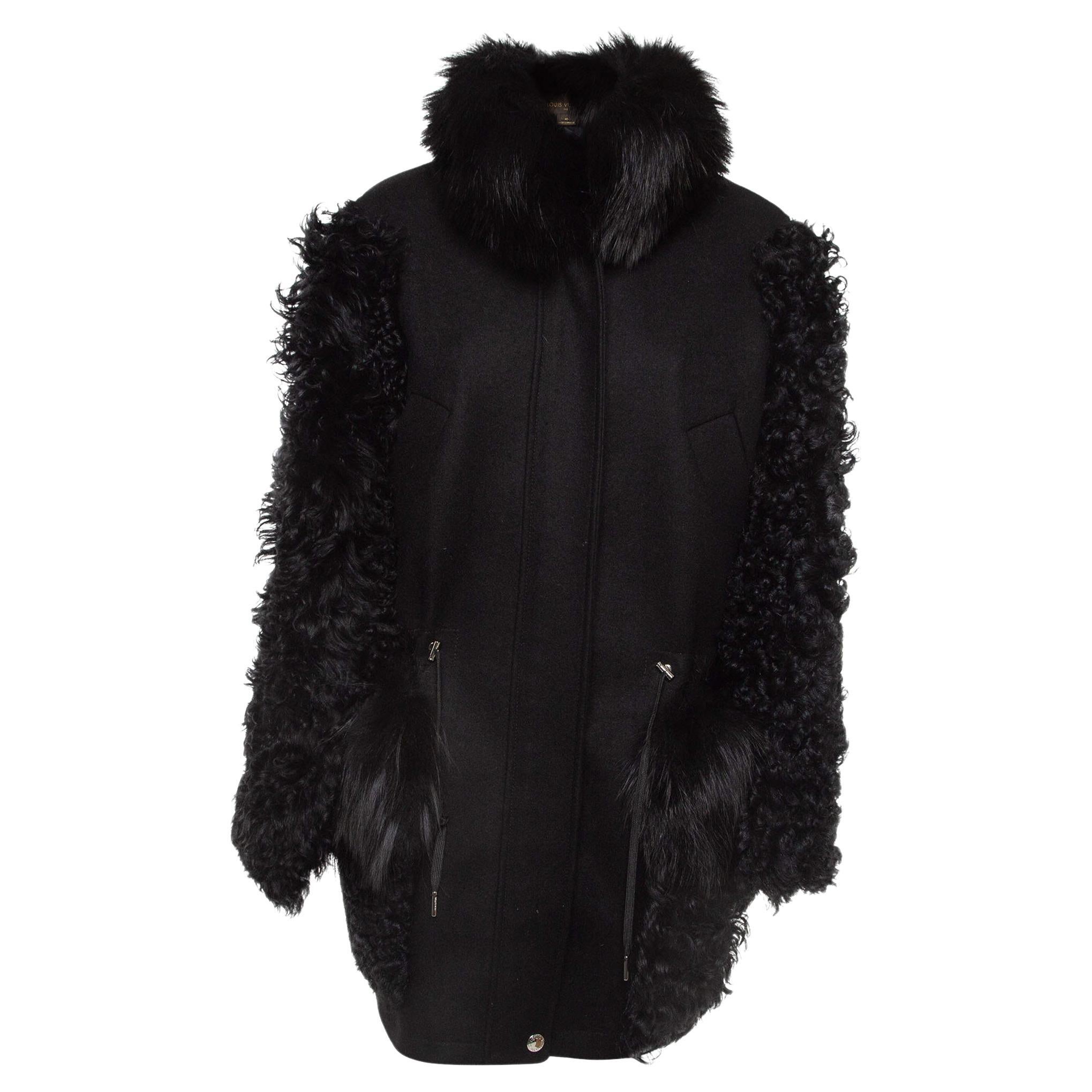 Louis Vuitton Black Cashmere/Fur Trimmed Oversized Parka Jacket M For Sale