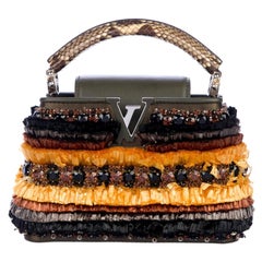 Louis Vuitton Black Cognac Raffia Crystal Snakeskin Top Satchel Shoulder Bag