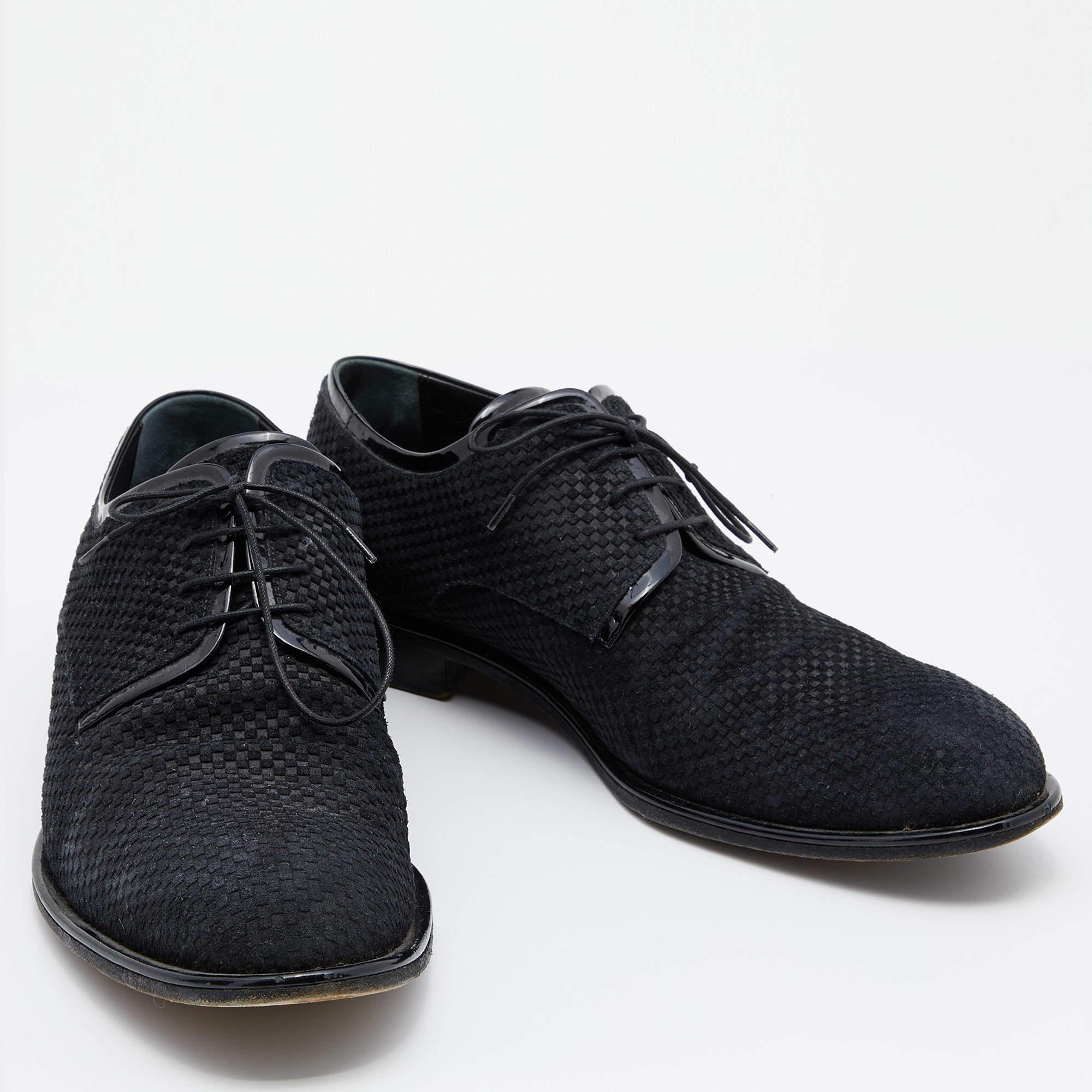 Men's Louis Vuitton Black Damier Embossed Suede and Patent Leather Trim Lace Up Derby
