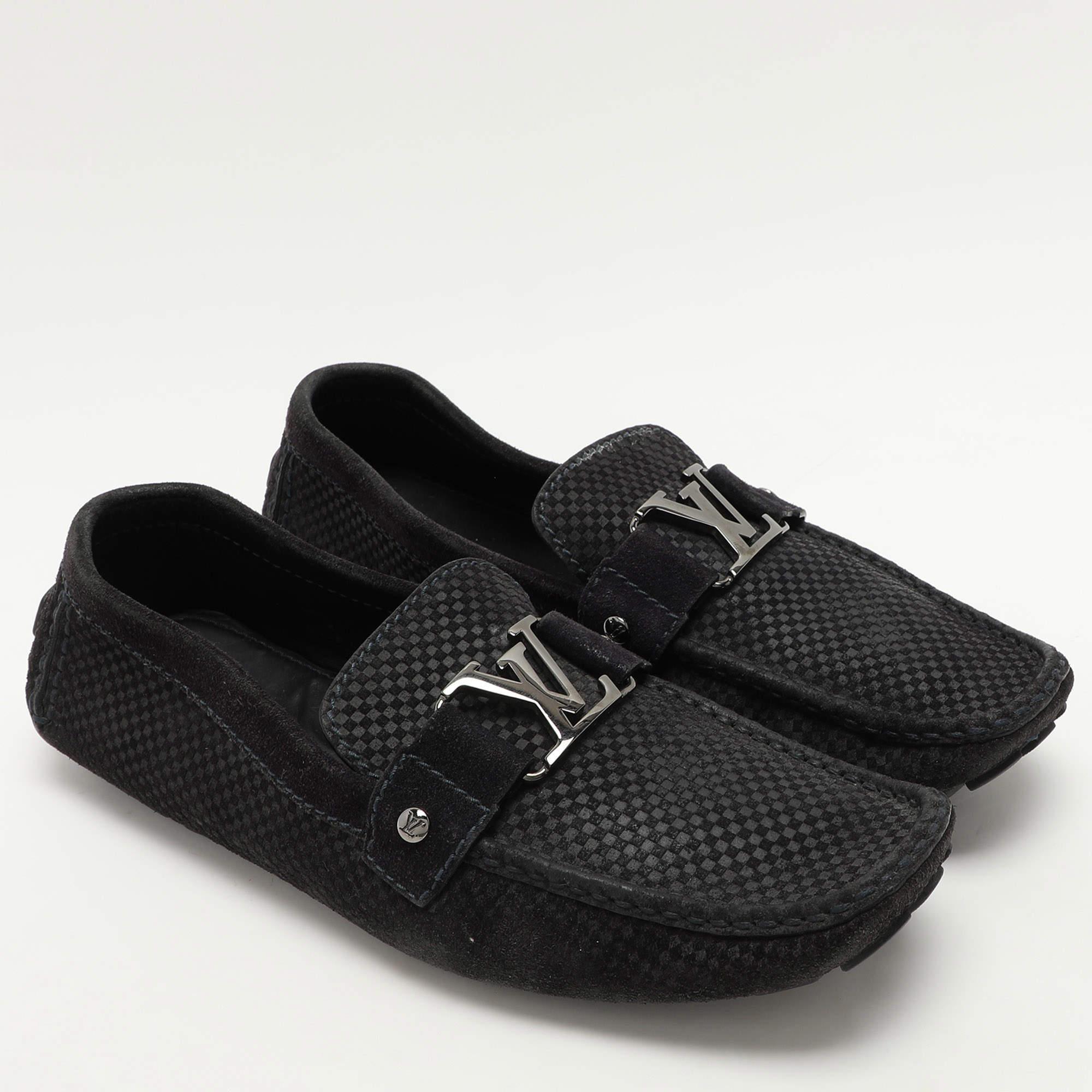 Men's Louis Vuitton Black Damier Embossed Suede Monte Carlo Loafers Size 42.5 For Sale