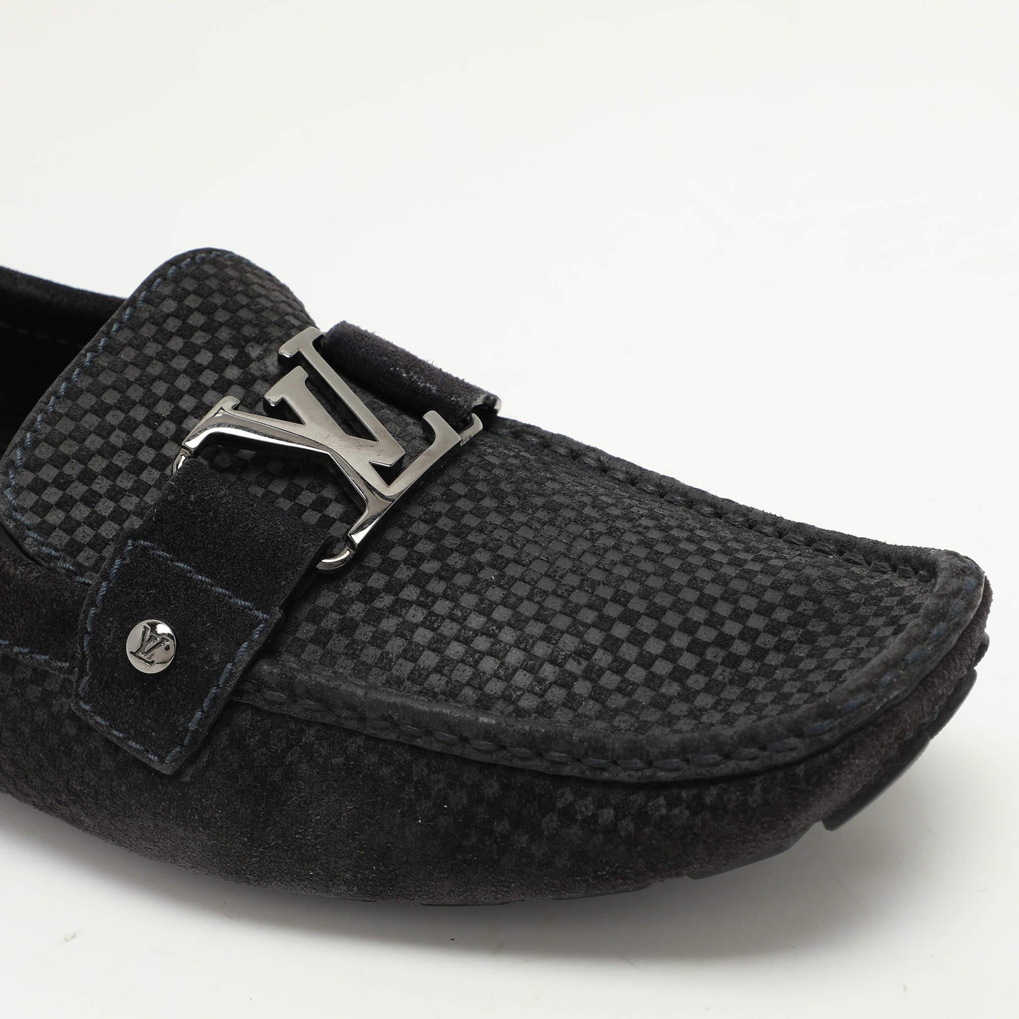 Louis Vuitton Black Damier Embossed Suede Monte Carlo Loafers Size 42.5 For Sale 3