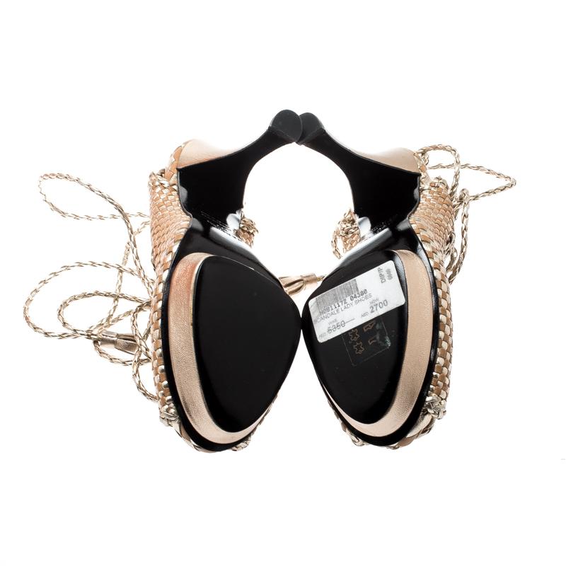 Women's Hermes Beige/Metallic Gold Braided Leather Platform Ankle Wrap Open Toe Sandals 