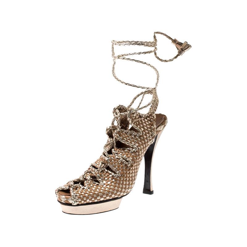 Hermes Beige/Metallic Gold Braided Leather Platform Ankle Wrap Open Toe Sandals 