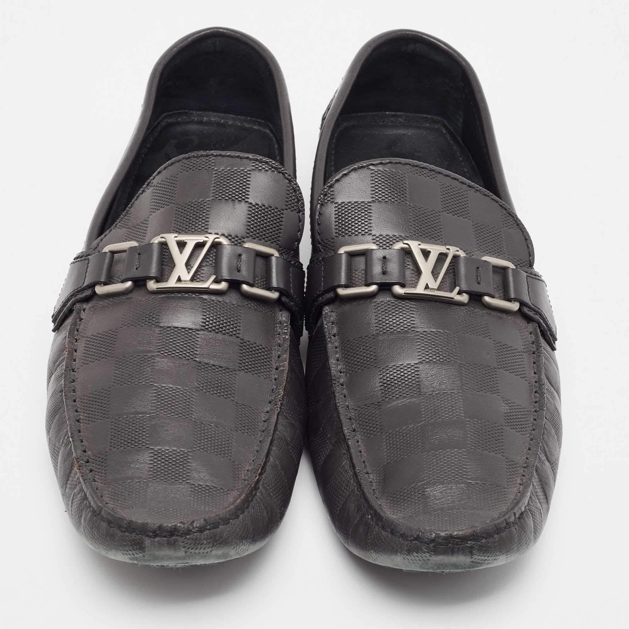Men's Louis Vuitton Black Damier Infini Leather Hockenheim Slip On Loafers Size 44.5 For Sale