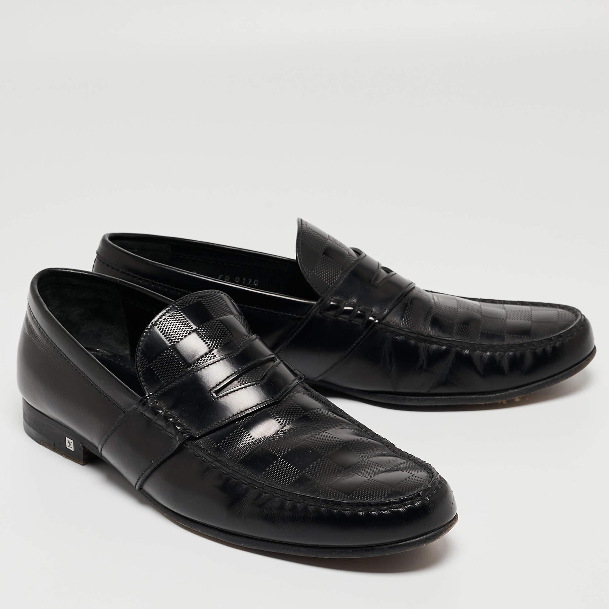 Men's Louis Vuitton Black Damier Leather Santiago Loafers Size 43 For Sale