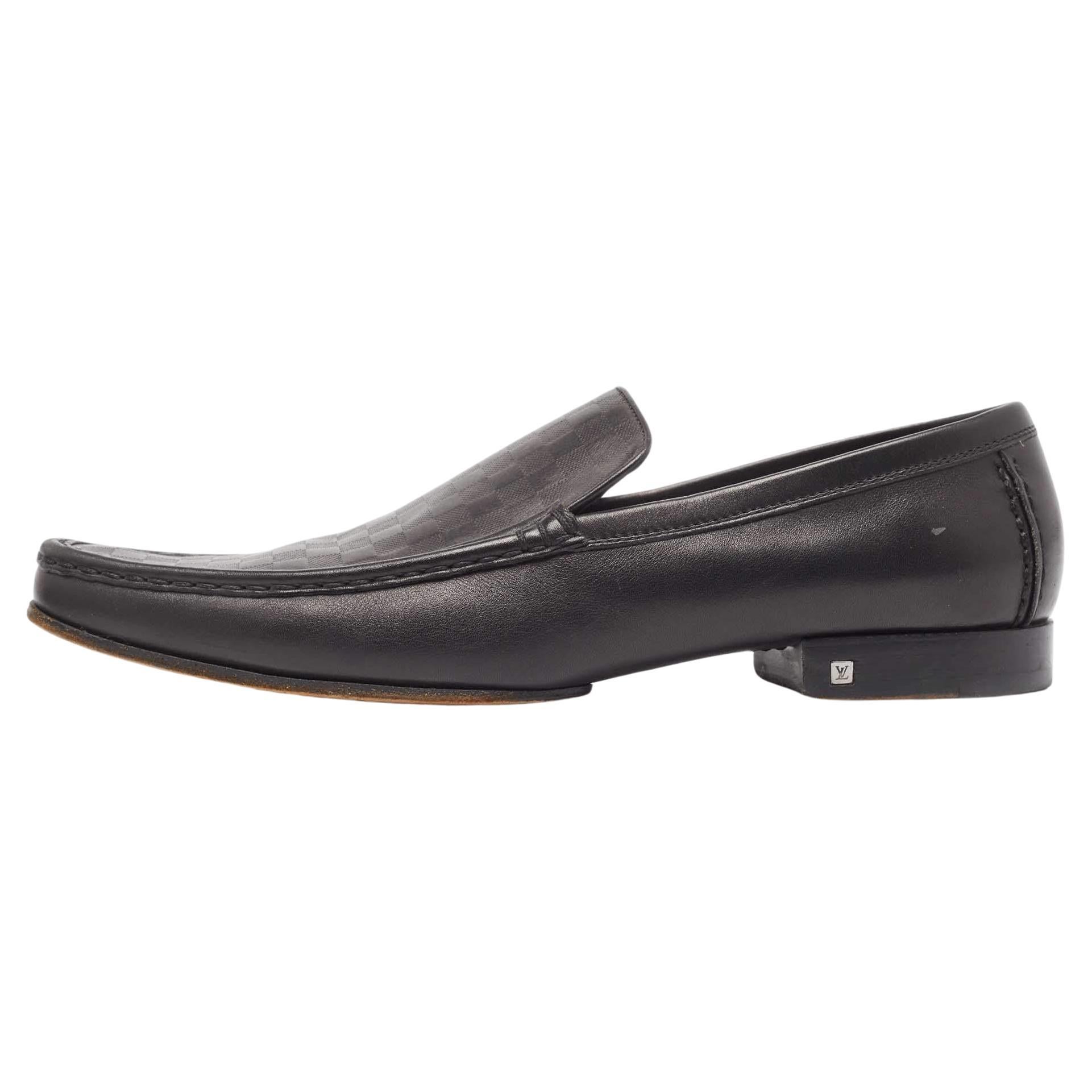 Louis Vuitton Black Damier Leather Santiago Loafers Size 44.5 For Sale