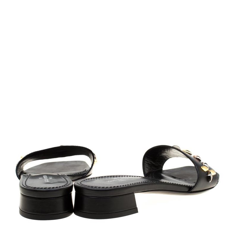 Louis Vuitton Black Embellished Leather Slides Size 35 For Sale at 1stDibs