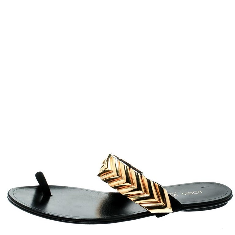 Louis Vuitton Black Embellished Suede and Leather Toe Ring Flat Sandals ...