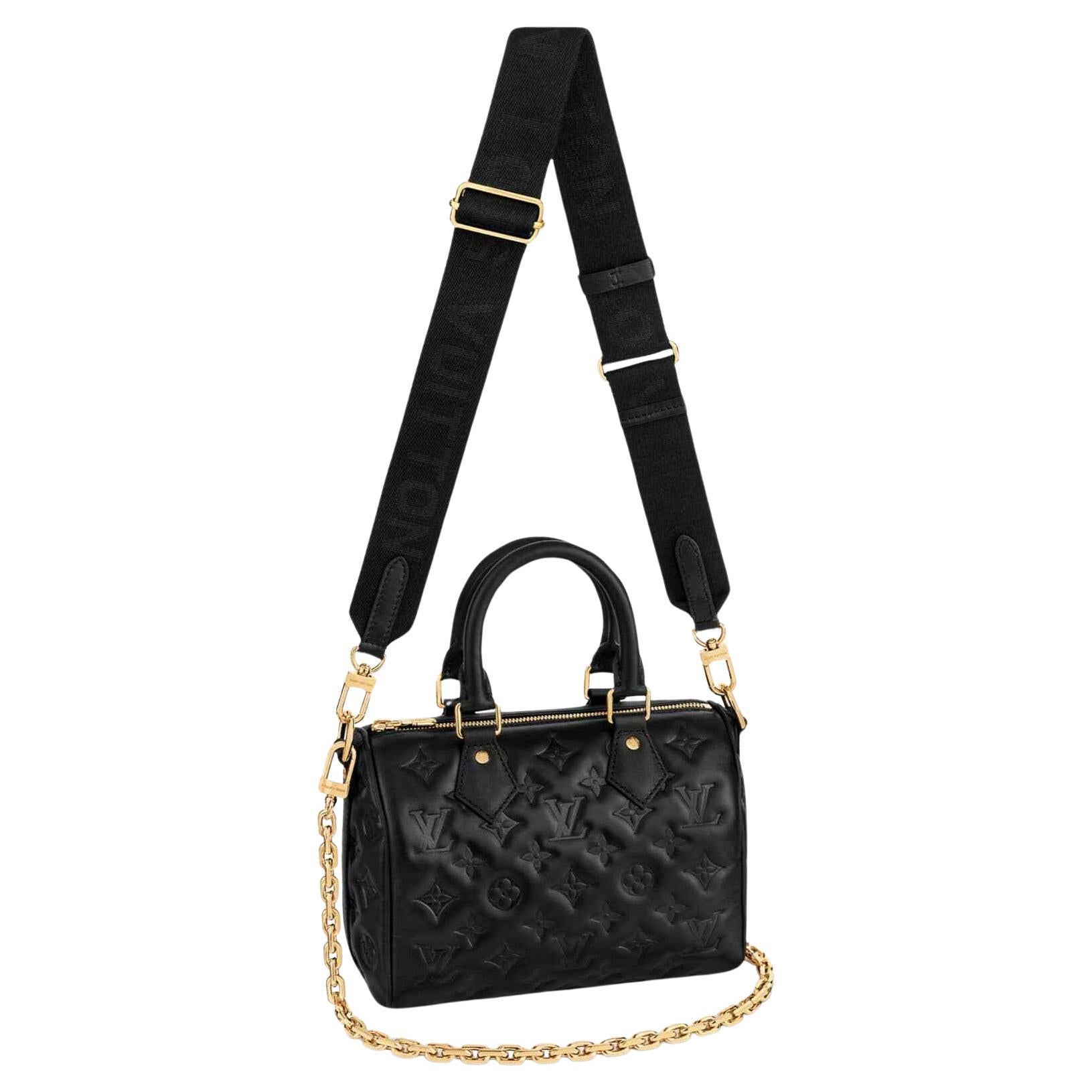 Louis Vuitton Black Embossed Leather Speedy 22 Bandouliere Crossbody Bag For Sale
