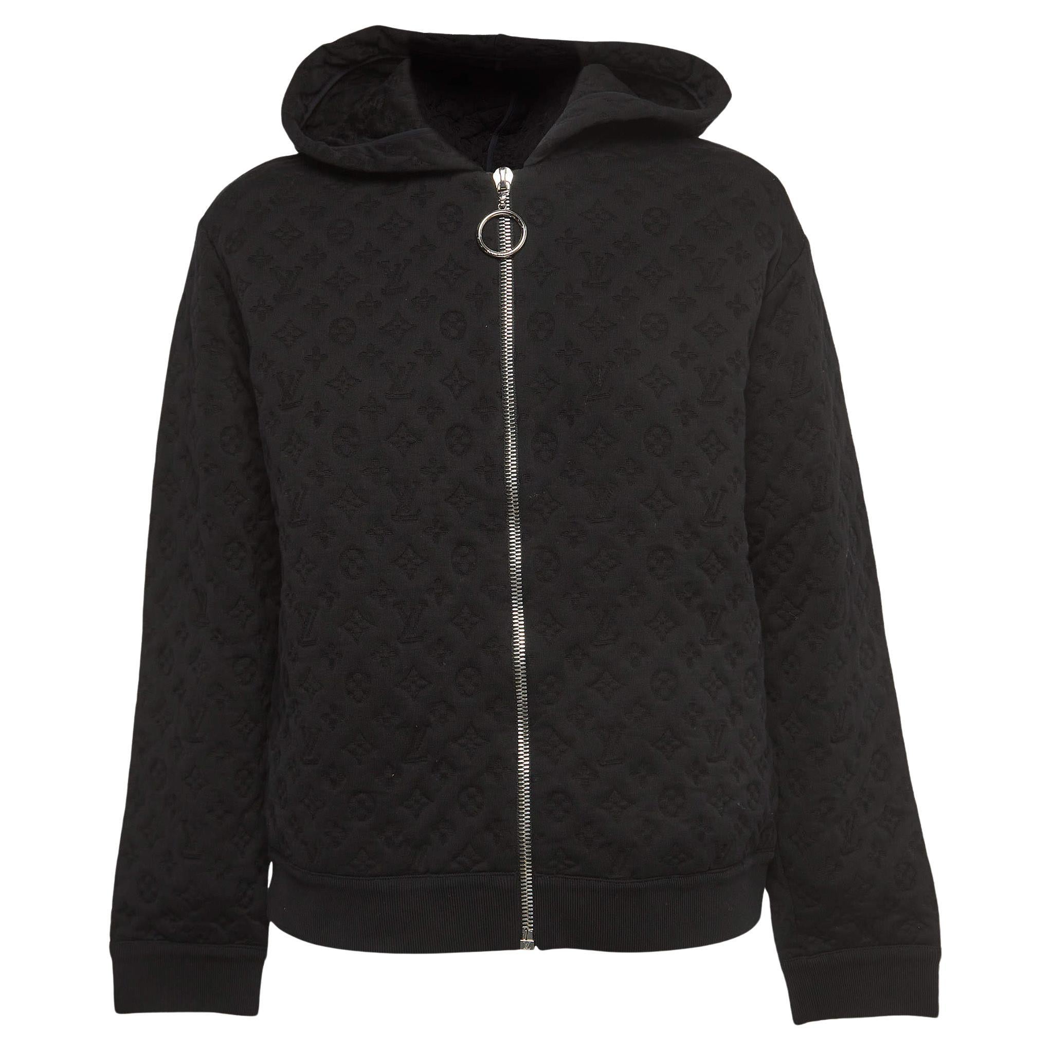 Louis Vuitton Black Embossed Monogram Cotton Knit Zip Front Hooded Jacket M