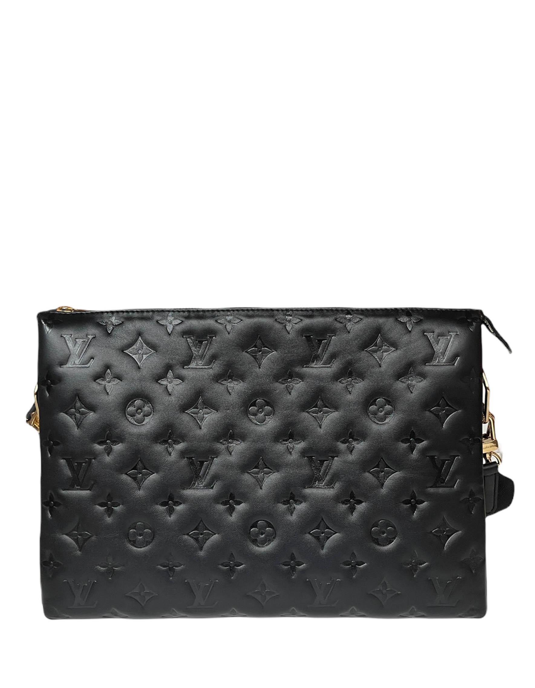 Louis Vuitton Black Embossed Monogram Lambskin Leather Coussin MM Bag.  Features adjustable canvas strap allowing for crossbody or shoulder carry, and chain strap for baguette and under-arm carry.
Made In: France
Year of Production: 2021
Color: