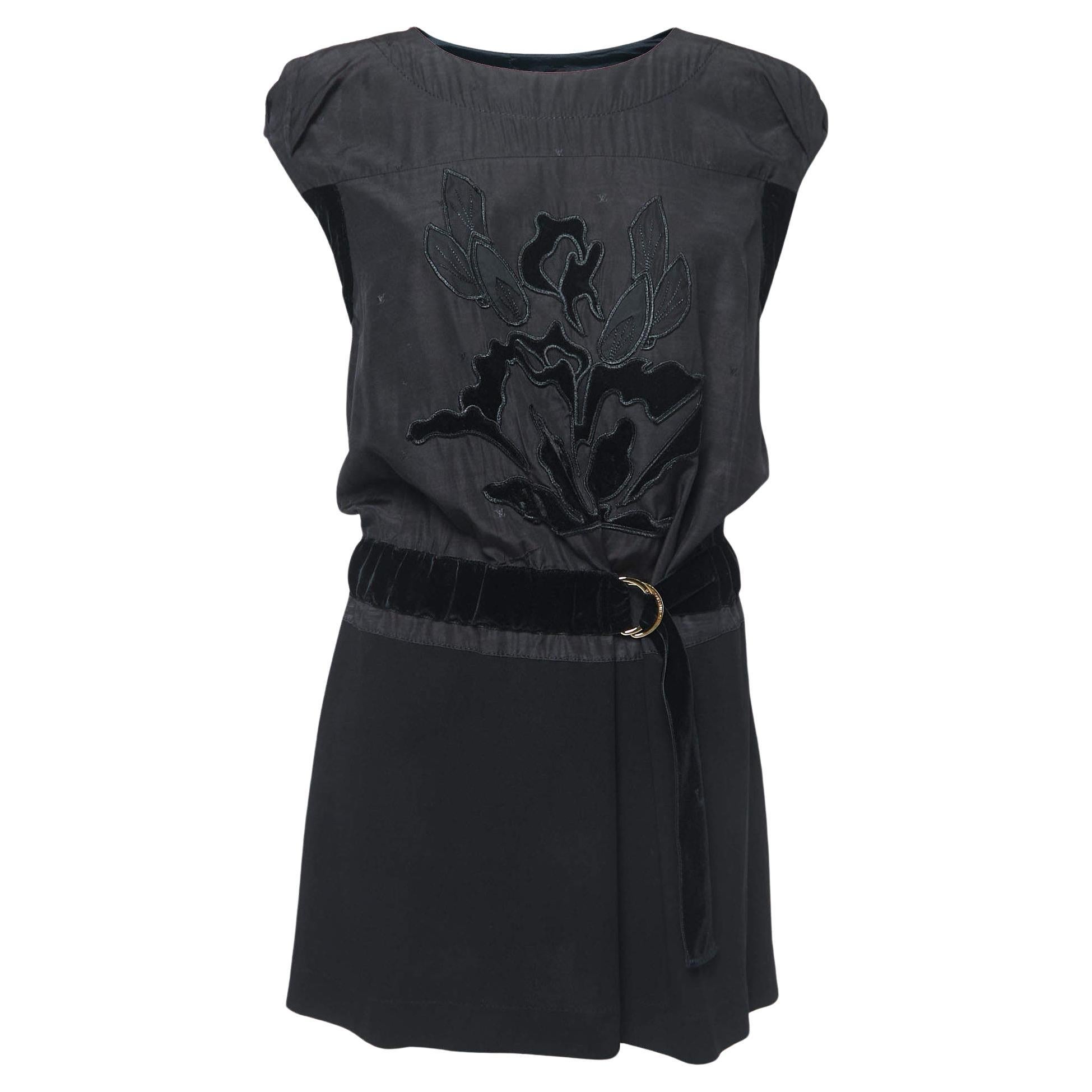 Louis Vuitton Black Embroidered Crepe Belted Mini Dress S