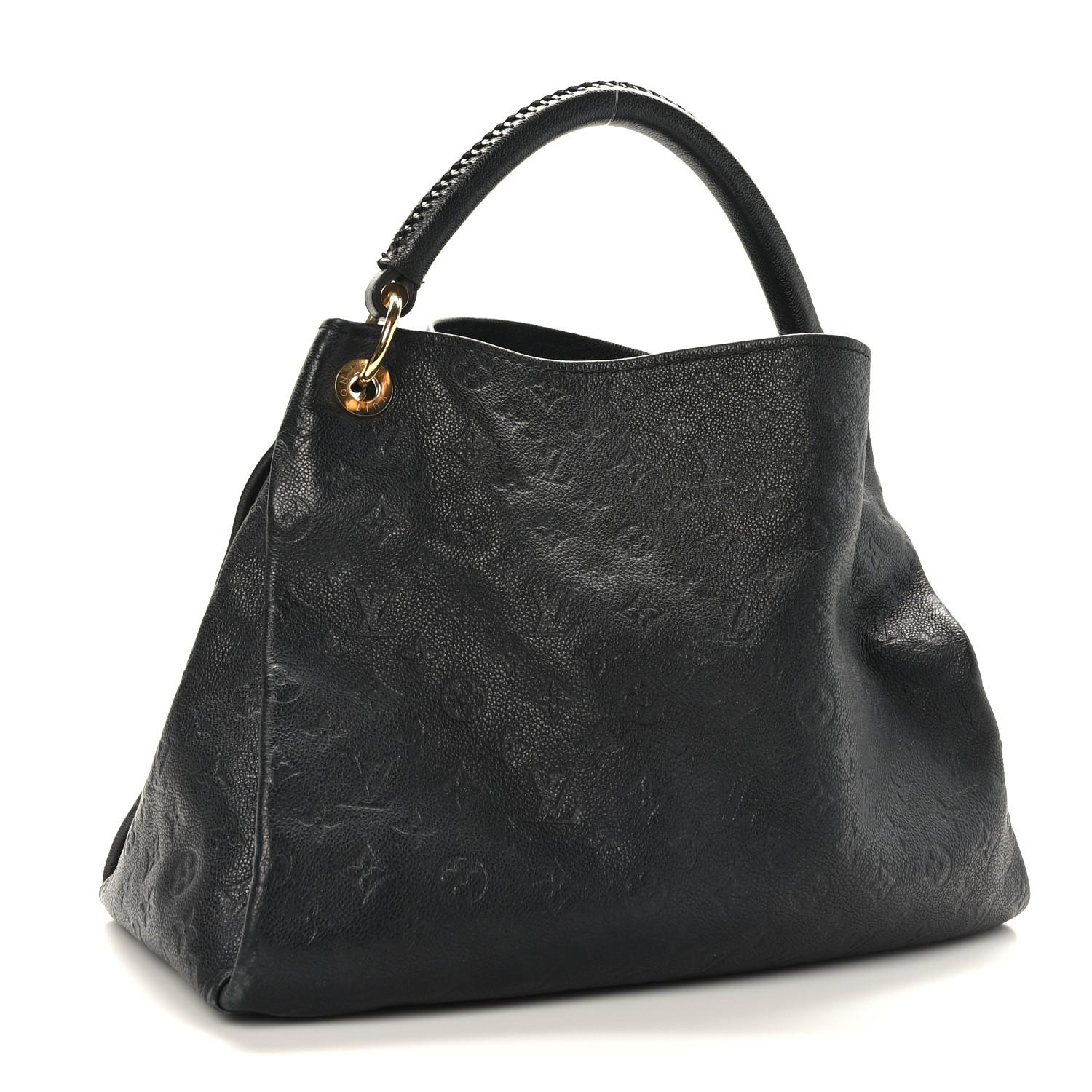 This hobo style shoulder bag is made of Louis Vuitton monogram embossed calfskin leather in black. This bag features a looping leather shoulder strap with woven braid detail and polished brass hardware. The top opens to a grey striped fabric