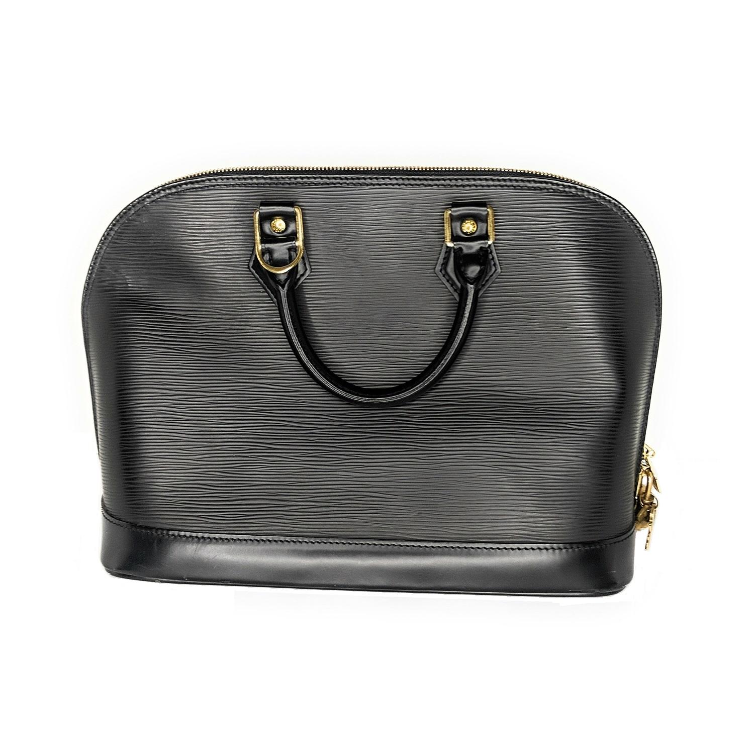 This is a stylish bag with a unique and characteristic look that is crafted of Louis Vuitton's signature textured epi leather in black. The bag features cowhide rolled leather top handles and trim with polished golden hardware including handle rings