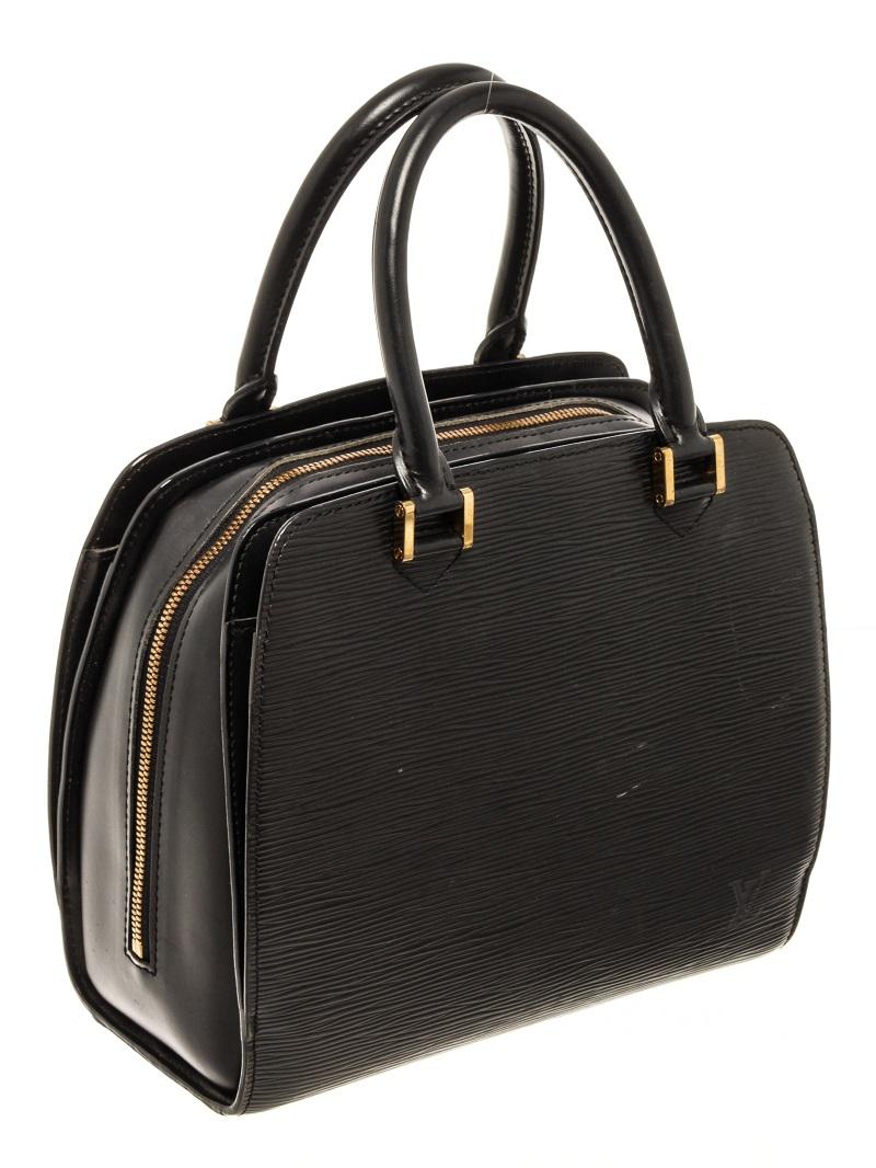Louis Vuitton Black Epi Leather Pont Neuf Satchel Bag with gold-tone hardware, embossed LV logo at the bottom front,  grey alcantara lining, interior zipper pocket, dual rolled leather top handles, and zip closure at the top. 

75139MSC.