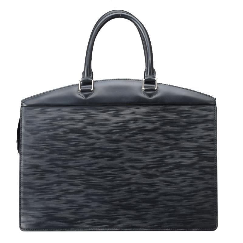 Black Epi leather Louis Vuitton Riviera Bag with silver-tone hardware, single pocket at front exterior, dual rolled top handles, charcoal grey coated canvas lining, four pockets at interior walls, elastic holders at interior and zip closure at
