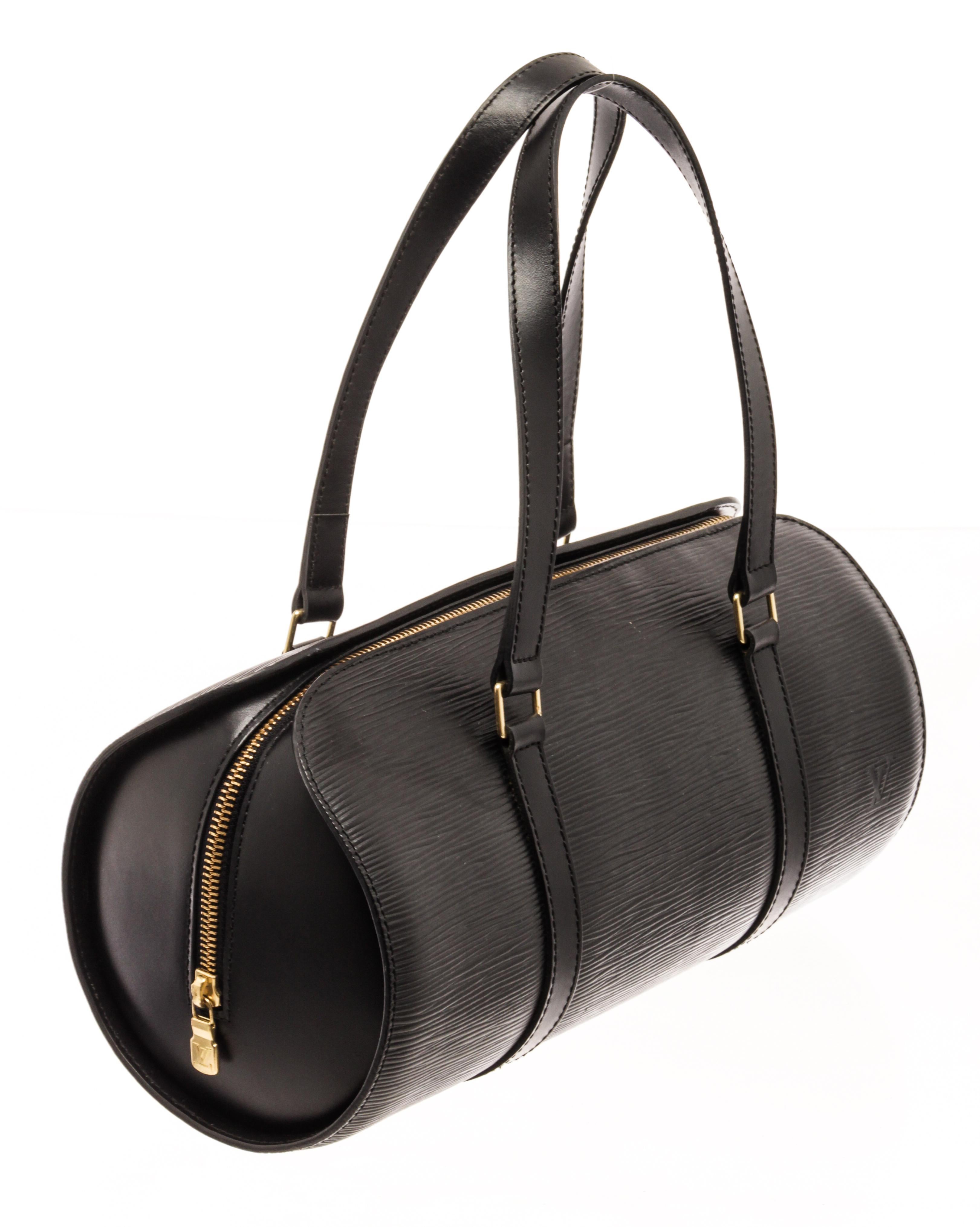 Louis Vuitton Black Epi Leather Soufflot Tote Bag with gold-tone hardware, shoulder strap, suede lining, zipper closure. 

82014MSC
