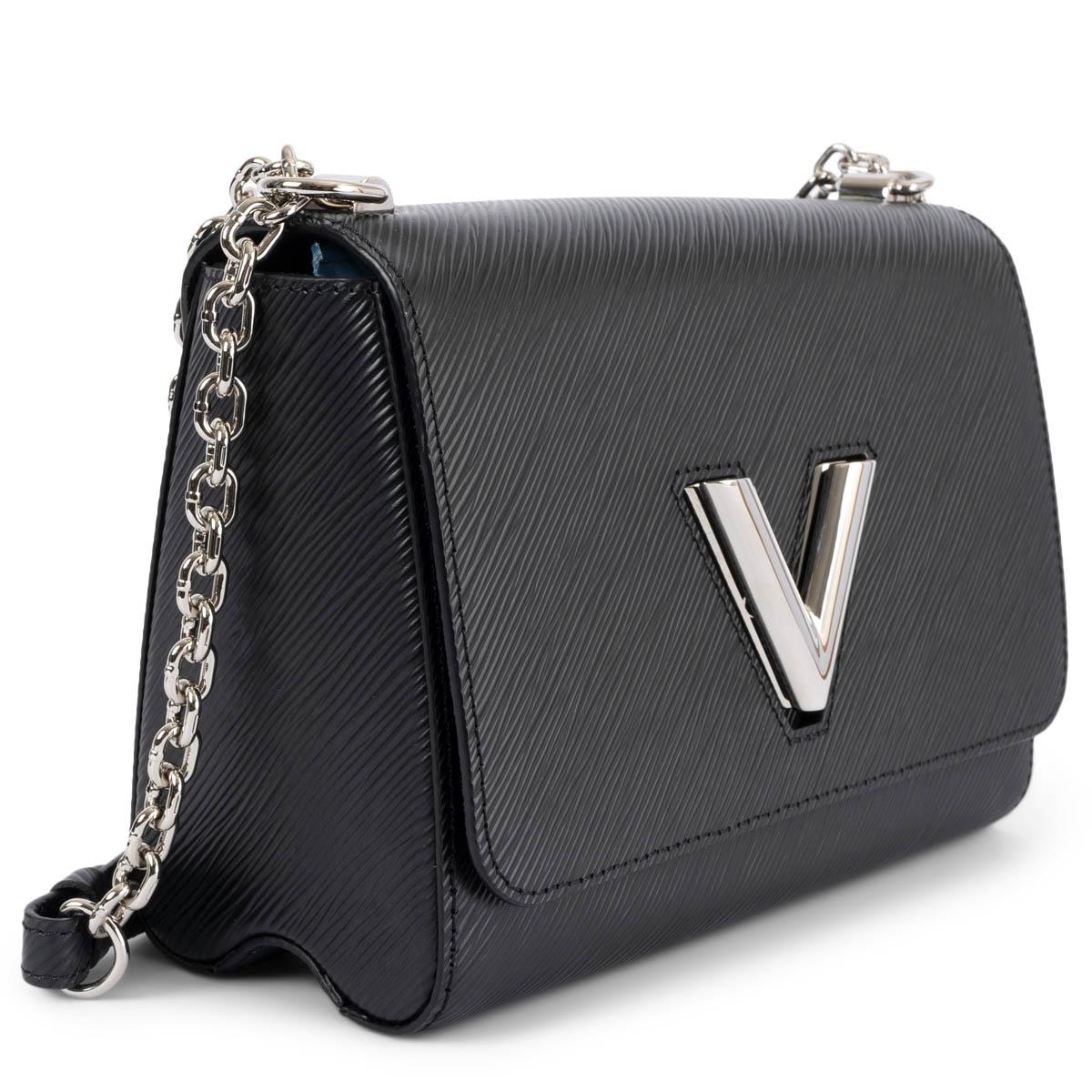 100% authentic Louis Vuitton Twist MM in black Epi leather with silver-tone hardware. The design features the iconic LV turn-lock on the front. The sliding chain strap can be doubled for shoulder carry or lengthened for cross-body wear. Lined in