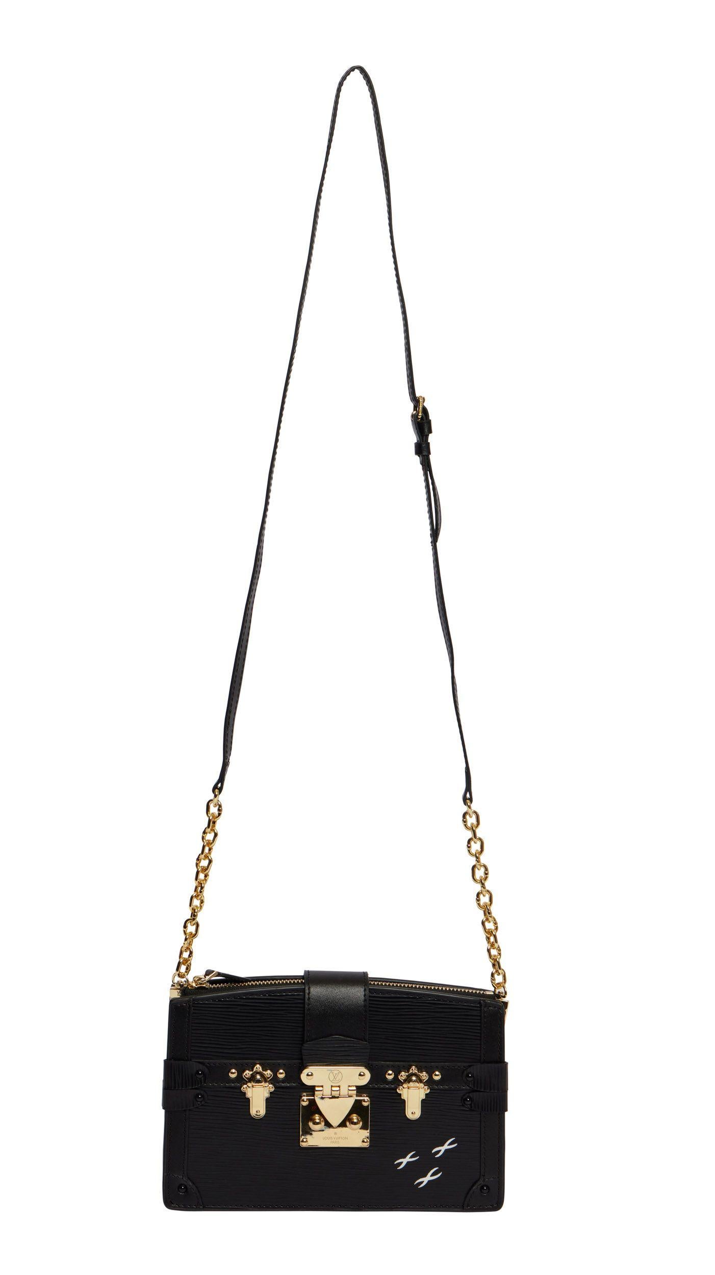 Louis Vuitton limited edition black epi petit malle trunk. The piece can be worn as crossbody with a detachable and adjustable shoulder strap (23