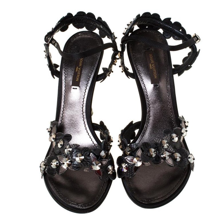 Louis Vuitton Black Floral Applique Satin CrissCross Ankle Strap ...