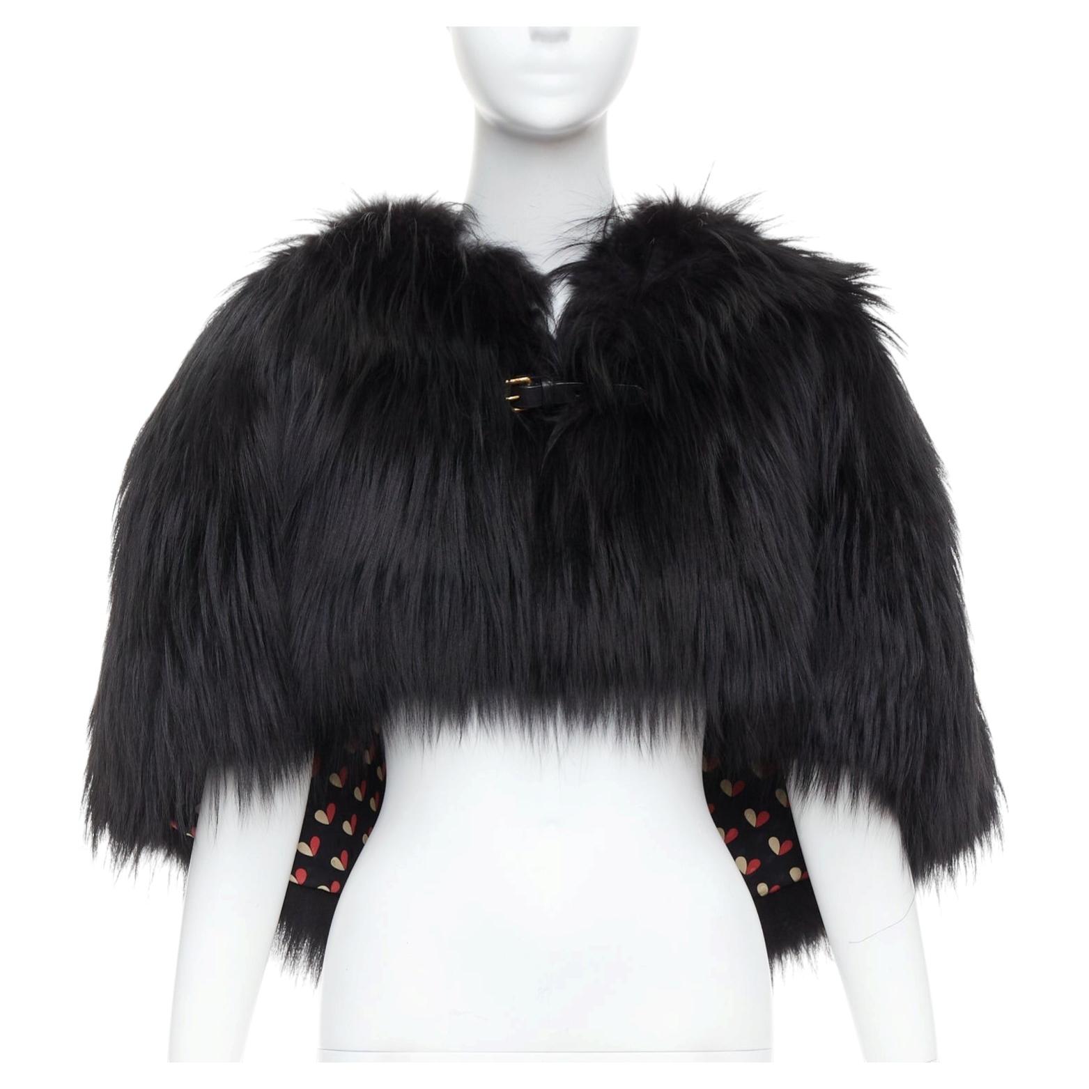 LOUIS VUITTON châle cape doublé de fourrure de renard noir ceinture cuir cœur FR34 XS