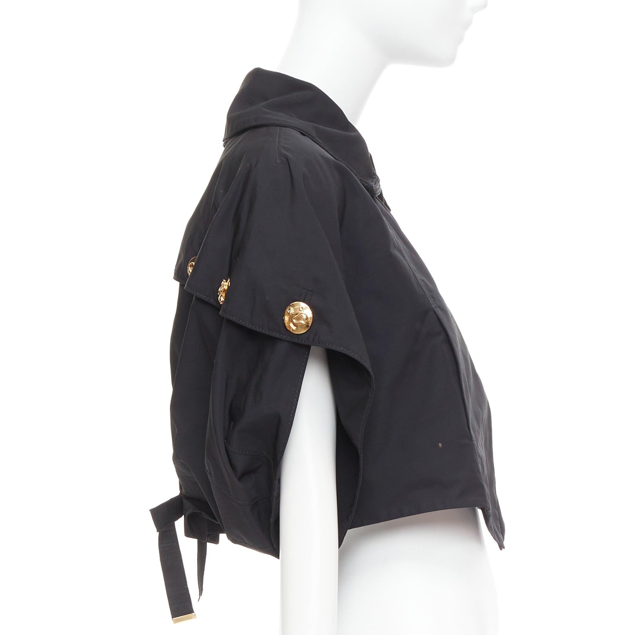 LOUIS VUITTON black georgette gold italic LV buttons cropped jacket FR34 XS In Good Condition For Sale In Hong Kong, NT