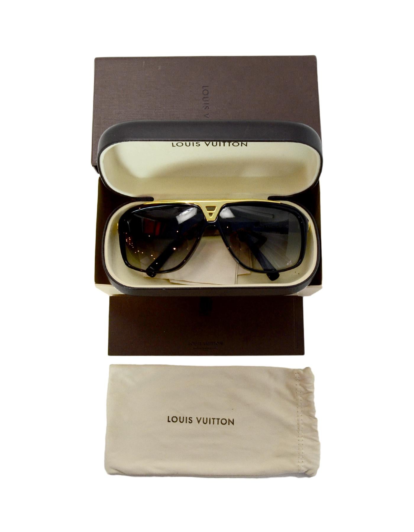 Louis Vuitton Black/Gold Evidence Aviator Sunglasses W/ Box & Case

Made In:  France
Year of Production: 2011
Color: Black/gold
Hardware: Goldtone
Materials: Metal and resin
Overall Condition: Excellent pre-owned condition with exception of very