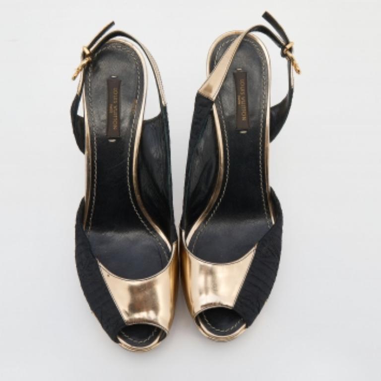 Women's Louis Vuitton Black/Gold Leather & Fabric Ankle Strap Platform Sandals Size 37.5 For Sale