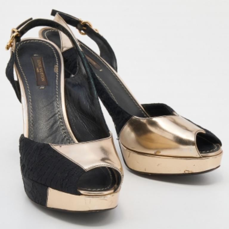 Louis Vuitton Black/Gold Leather & Fabric Ankle Strap Platform Sandals Size 37.5 For Sale 1