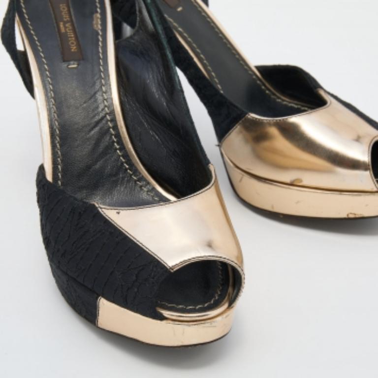 Louis Vuitton Black/Gold Leather & Fabric Ankle Strap Platform Sandals Size 37.5 For Sale 2