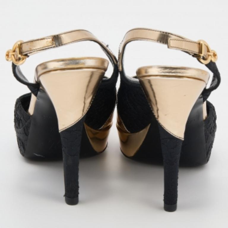 Louis Vuitton Black/Gold Leather & Fabric Ankle Strap Platform Sandals Size 37.5 For Sale 3