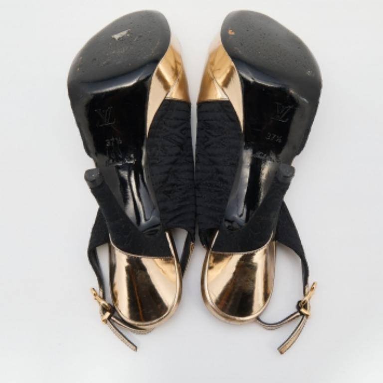 Louis Vuitton Black/Gold Leather & Fabric Ankle Strap Platform Sandals Size 37.5 For Sale 4