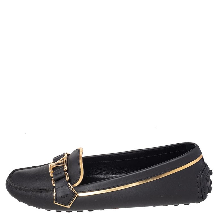 Louis Vuitton Black/Gold Leather Oxford Slip On Loafers Size 37 at 1stDibs