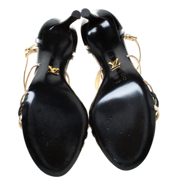 Women's Louis Vuitton Black/Gold Patent Leather Open Toe Ankle Strap Sandals Size 40