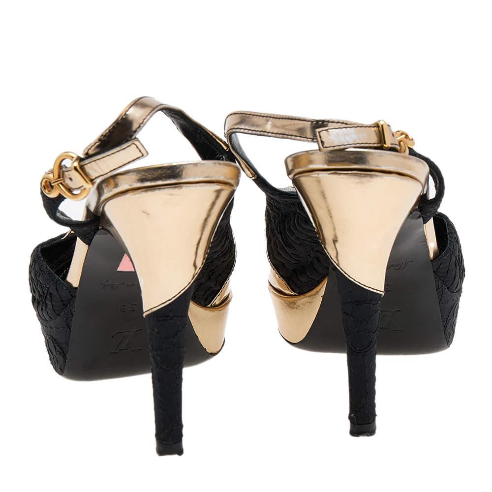 Louis Vuitton Black/Gold Satin And Leather Motard Piccadilly Slingback Sandals S In Good Condition For Sale In Dubai, Al Qouz 2