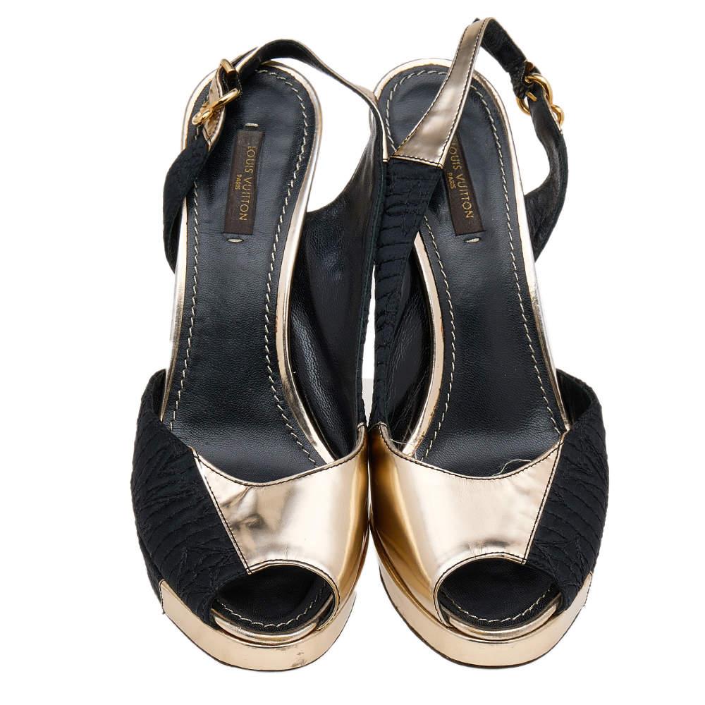 Women's Louis Vuitton Black/Gold Satin And Leather Motard Piccadilly Slingback Sandals S For Sale