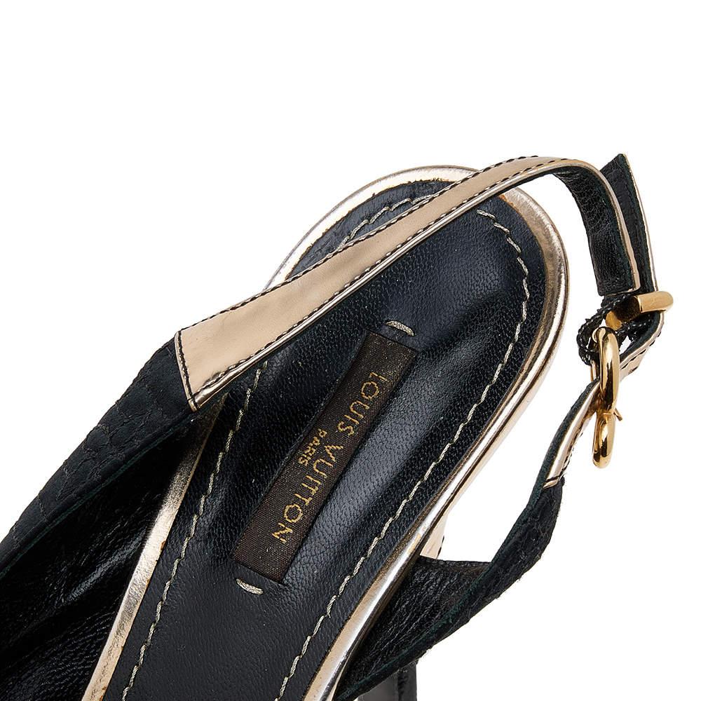 Louis Vuitton Black/Gold Satin And Leather Motard Piccadilly Slingback Sandals S For Sale 2