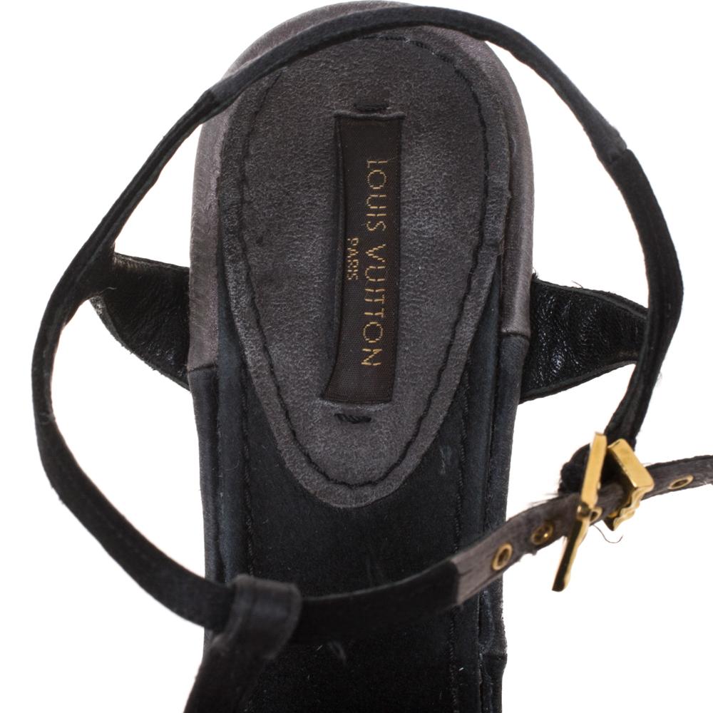 Louis Vuitton Black/Gold Satin Strappy Round Wedge Sandals Size 36 1