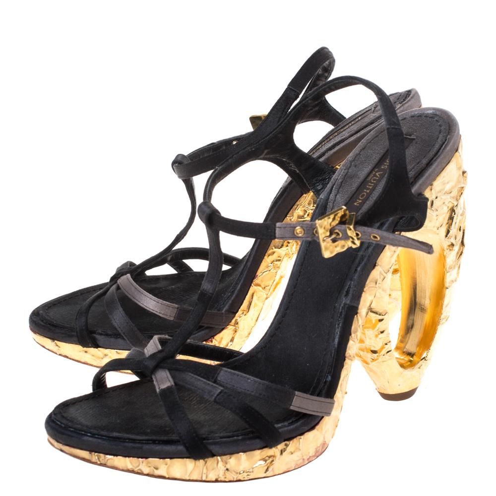Louis Vuitton Black/Gold Satin Strappy Round Wedge Sandals Size 36 2