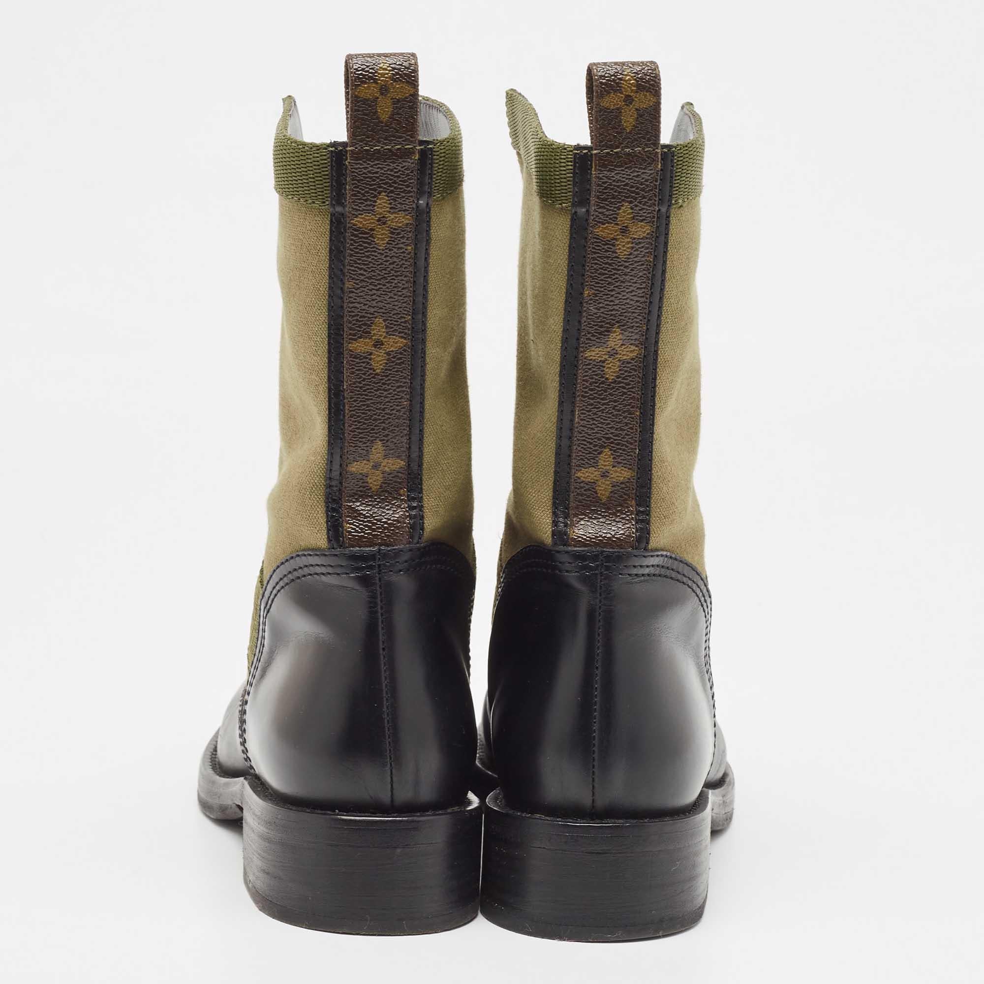 Louis Vuitton Black/Green Canvas and Leather Wonderland Flat Ranger Boots Size 3 For Sale 1