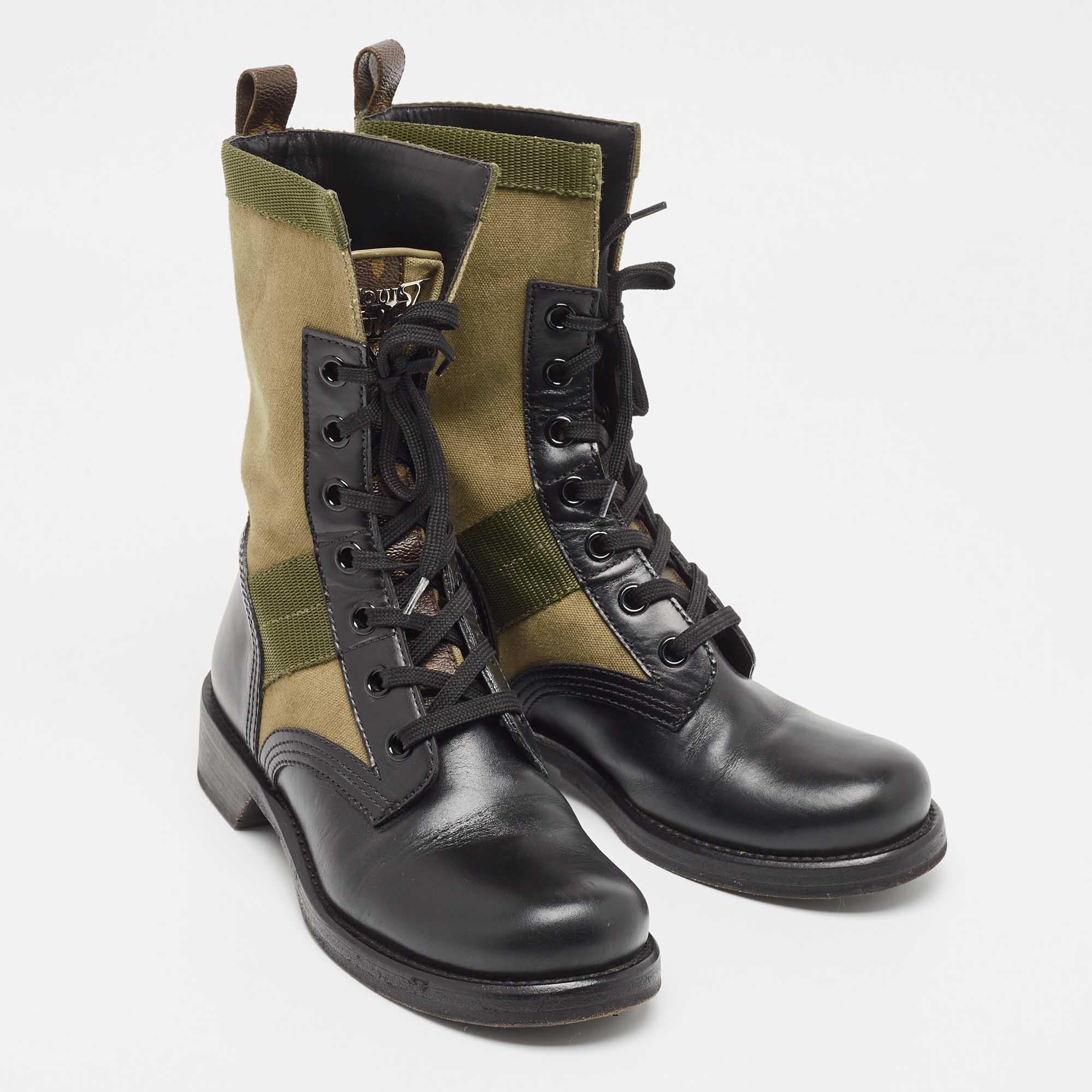 Louis Vuitton Black/Green Canvas and Leather Wonderland Flat Ranger Boots Size 3 2