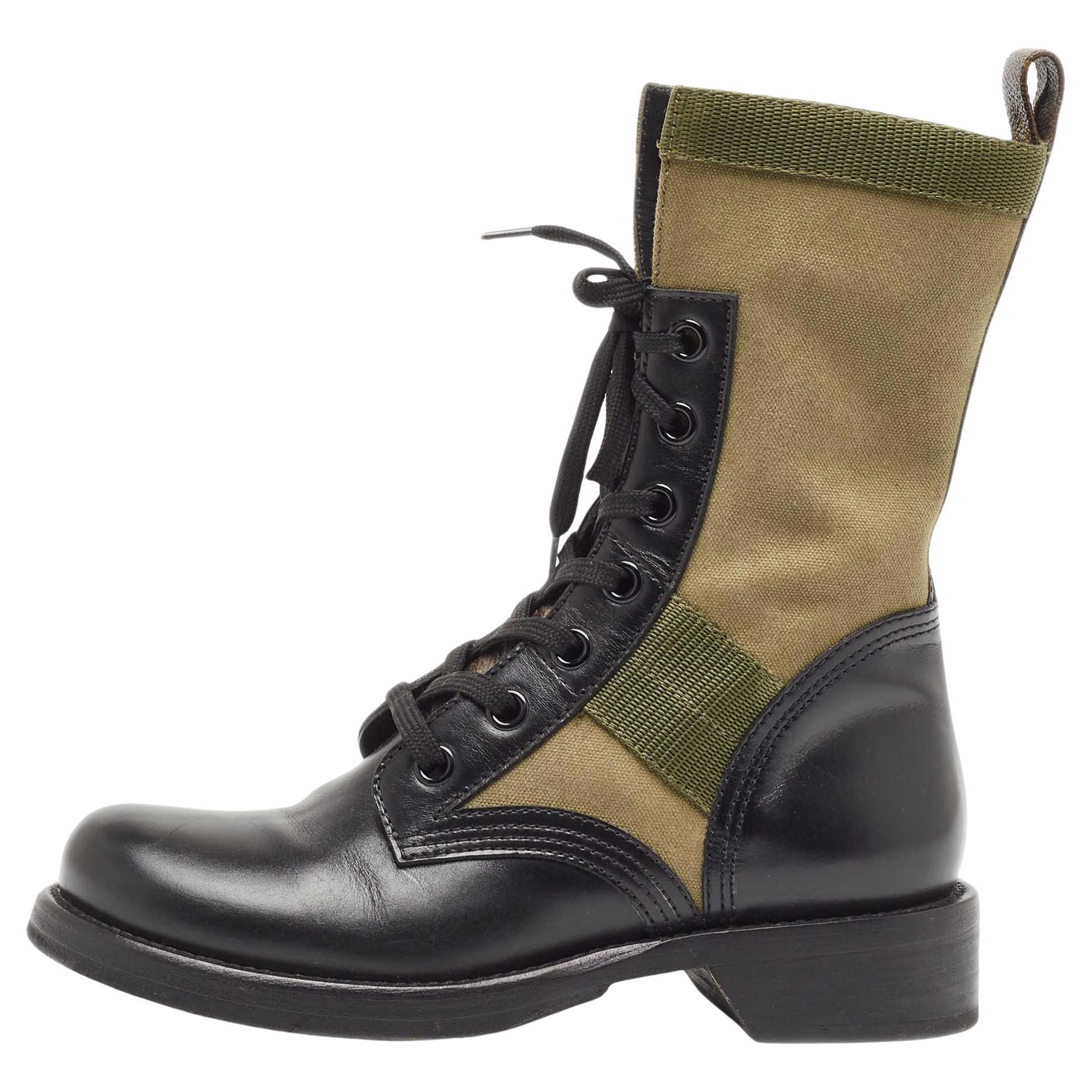 Louis Vuitton Black/Green Canvas and Leather Wonderland Flat Ranger Boots Size 3 For Sale