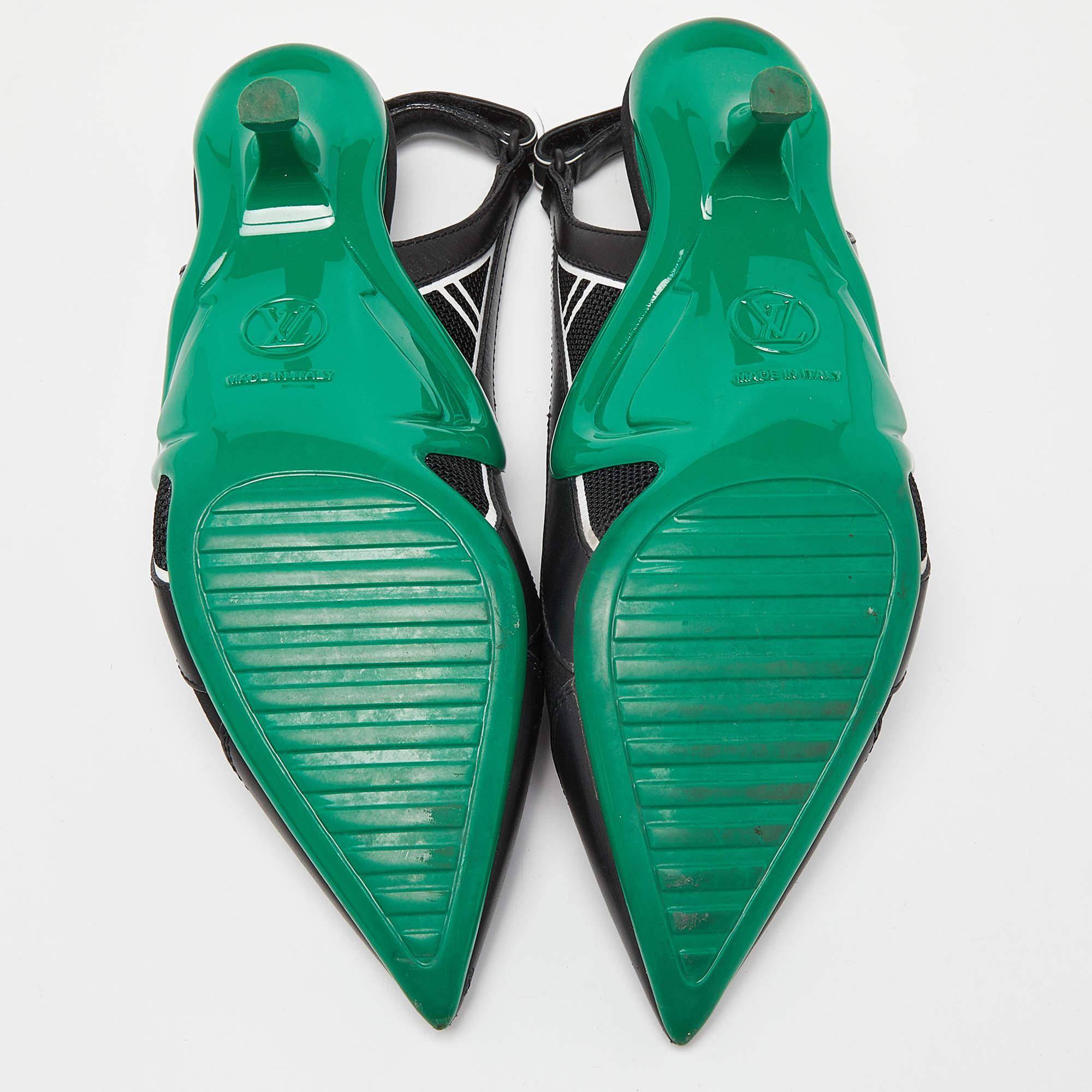 Louis Vuitton Black/Green Satin, Mesh and Leather Archlight Slingback Pumps Size 1