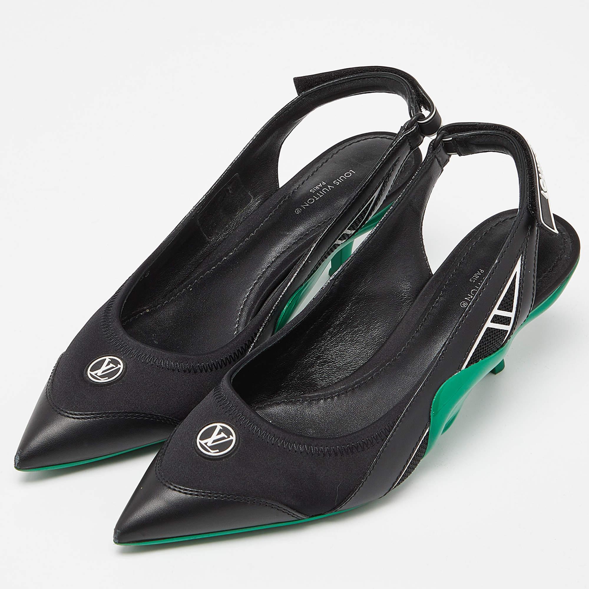 Louis Vuitton Black/Green Satin, Mesh and Leather Archlight Slingback Pumps Size 3