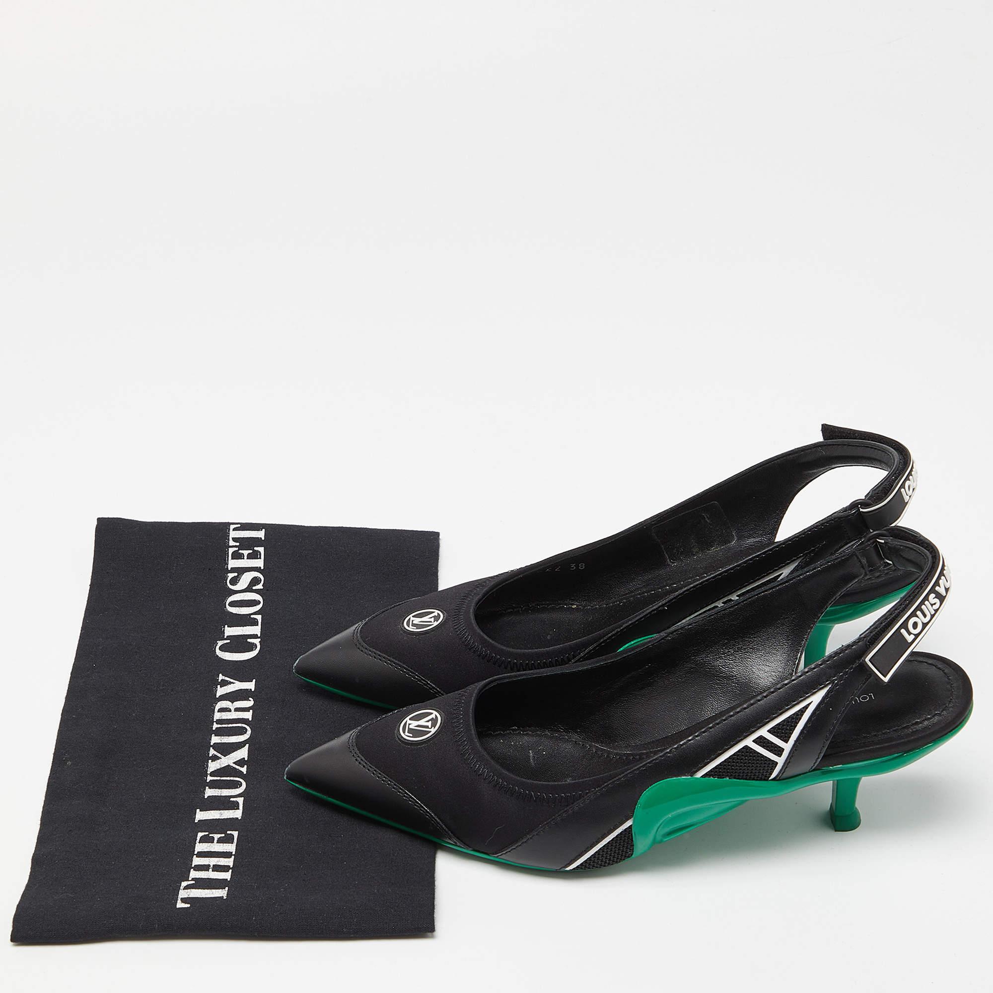 Louis Vuitton Black/Green Satin, Mesh and Leather Archlight Slingback Pumps Size 5