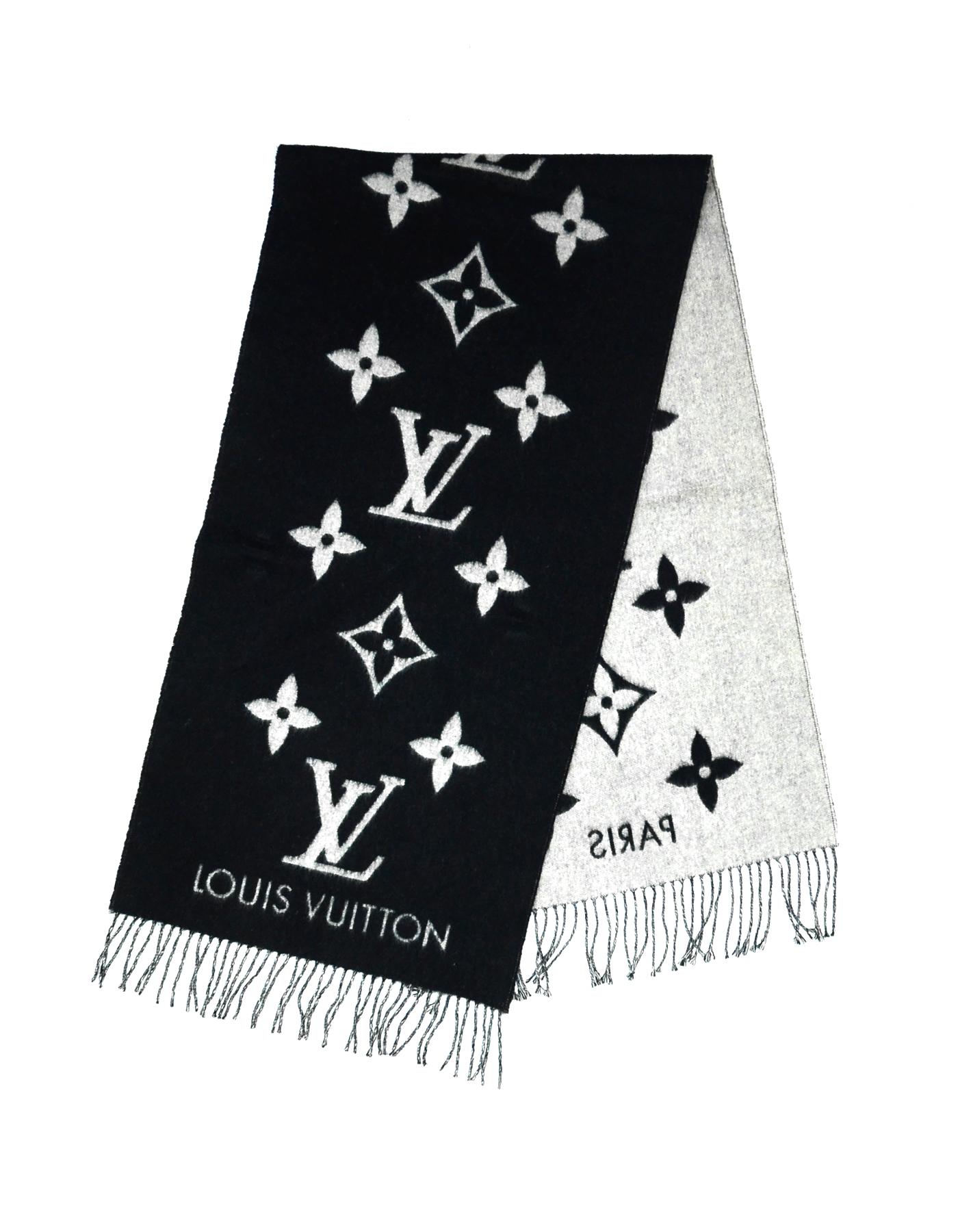 Louis Vuitton Black & Grey Cashmere Reykjavik Monogram Scarf

Made In: United Kingdom
Color: Black, grey
Composition: 100% Cashmere
Overall Condition: Excellent pre-owned condition, slight pilling throughout and faint stains near logo on grey