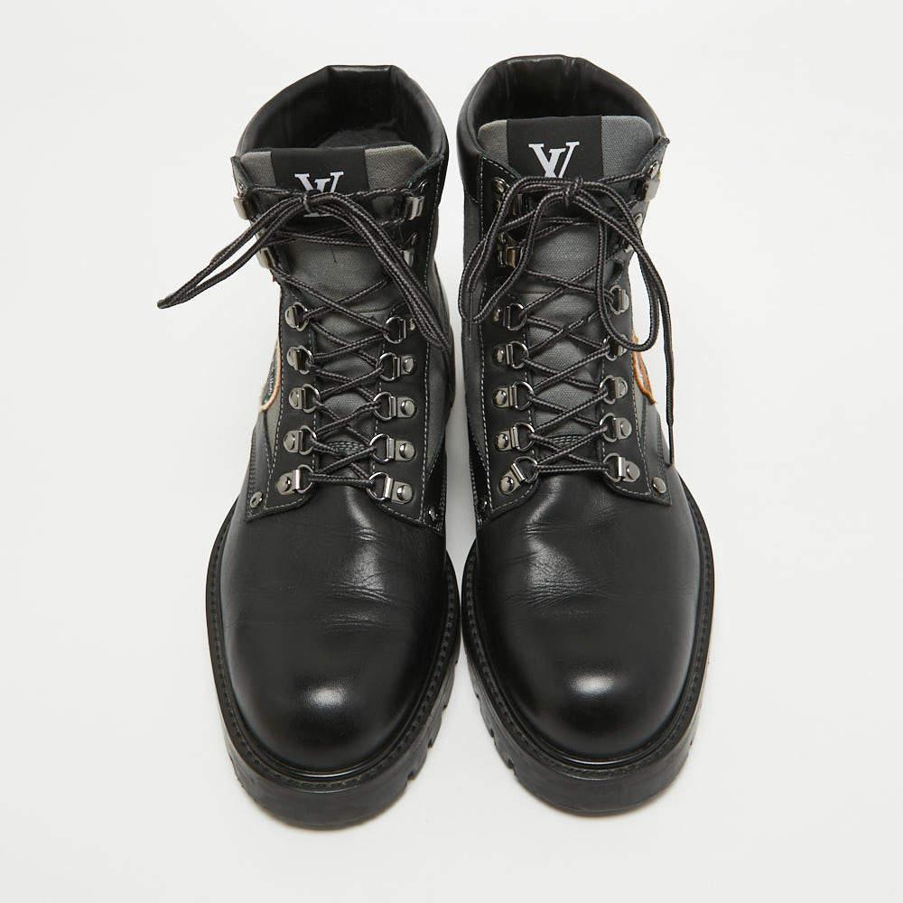 Louis Vuitton Metropolis Ranger-Stiefel aus schwarzem/grauem Leder und Segeltuch Größe 42 im Angebot 1